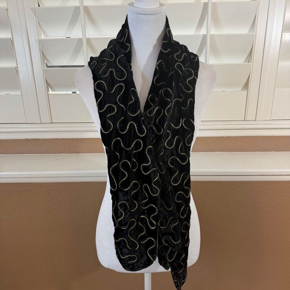 Vintage Oscar De La Renta Black Gold Velvet Scarf Luxury Minimalist Goth Glam OS